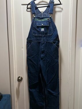 Liberty Dark Blue Denim Relaxed Overalls with Green Trim